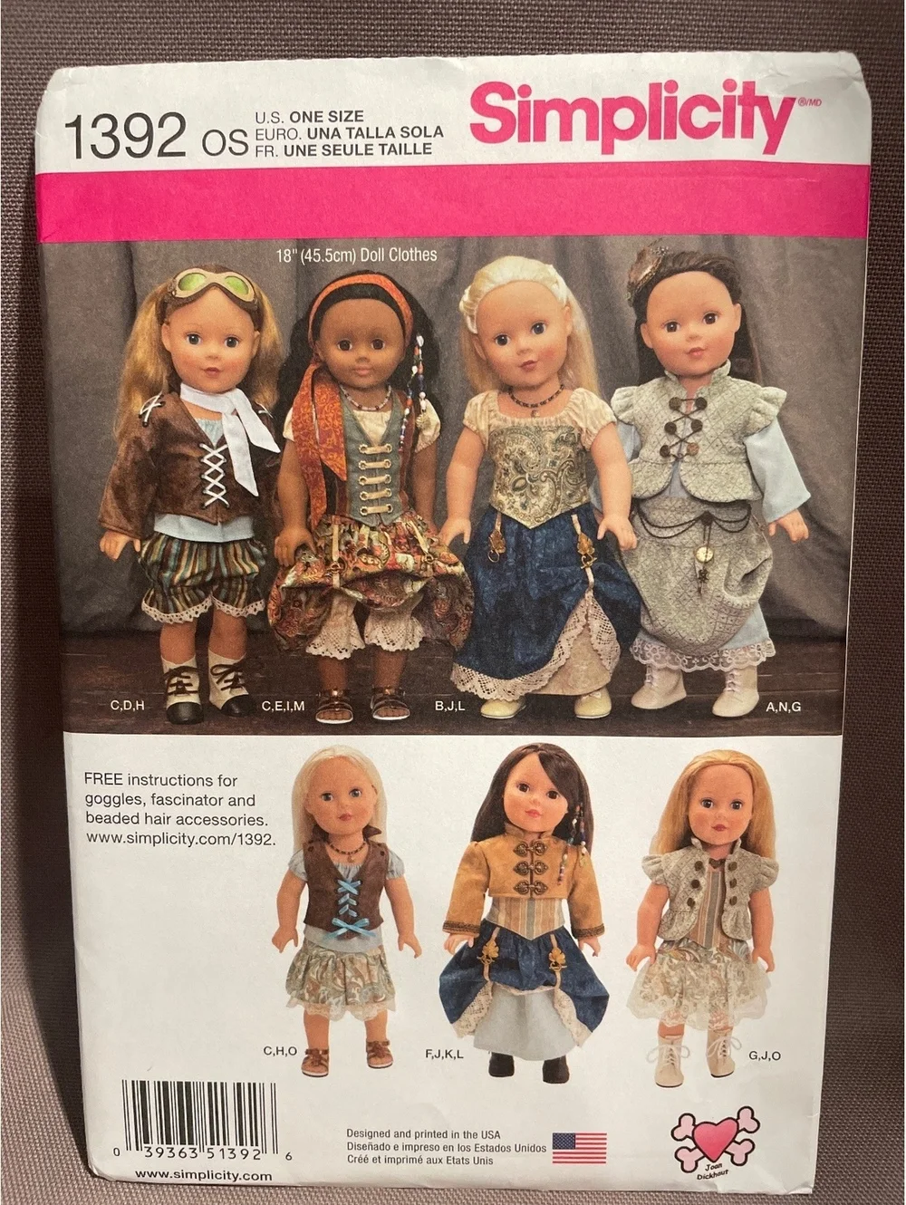 Simplicity 1392 18” Doll Clothes Sewing Pattern Steampunk Pirate Victorian UNCUT